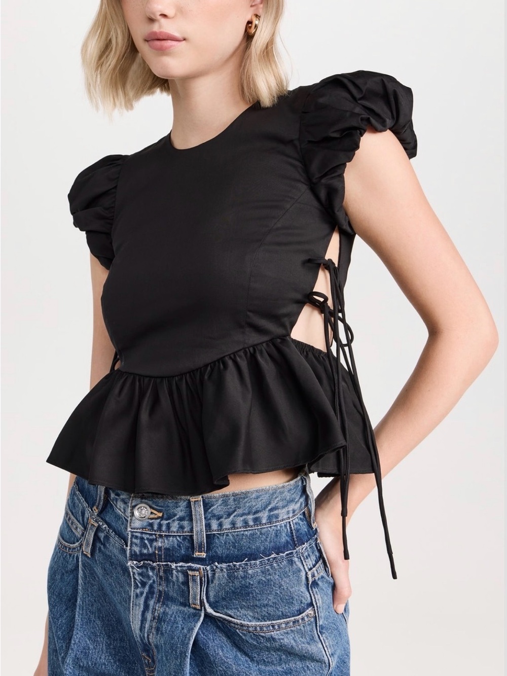 NWT Allina Liu Matisse Lace Up Black Ruffle Peplum Top | S